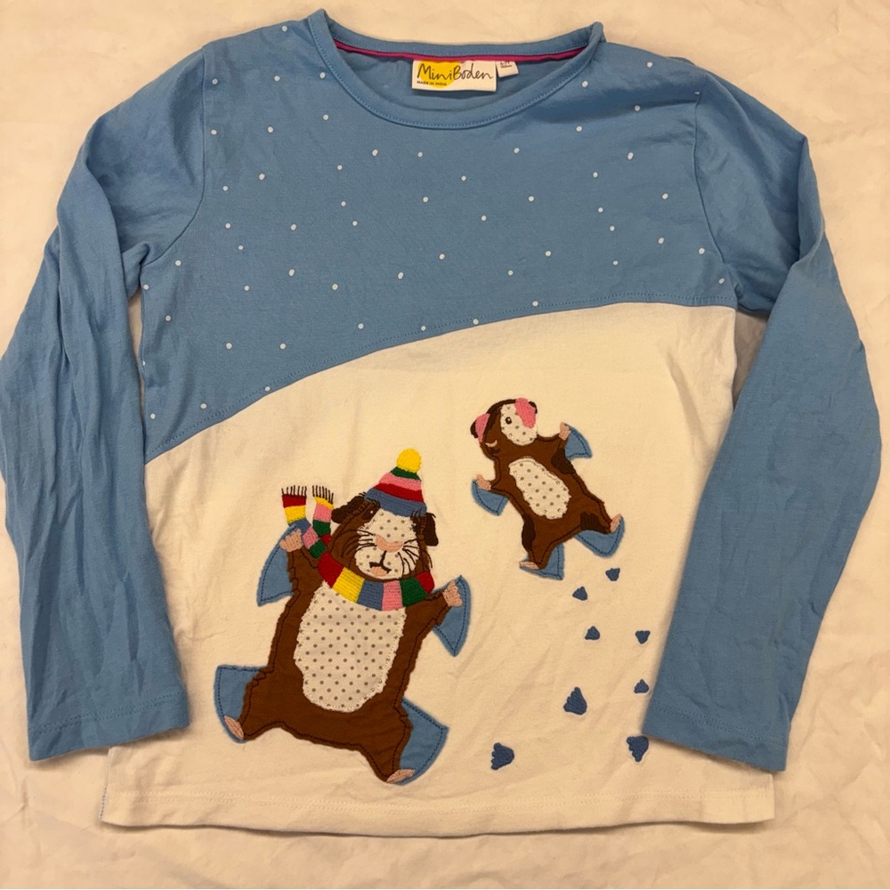 Mini Boden Snow Guinea Pig‎ Appliqué Size 6-7 VGUC Blue White